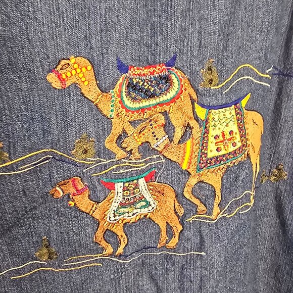 Chicos Vintage Denim Zip-Up Shirt Embroidered & Beaded Camel &Collar Boho READ - Picture 6 of 12